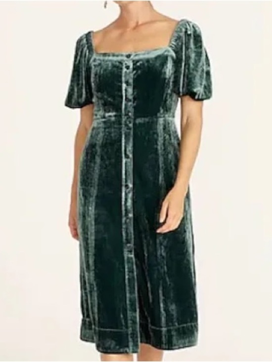 J. Crew Dresses & Skirts - J.Crew Emerald Velvet Puff Sleeve Square-Neck Button Front Midi Dress Whimsigoth